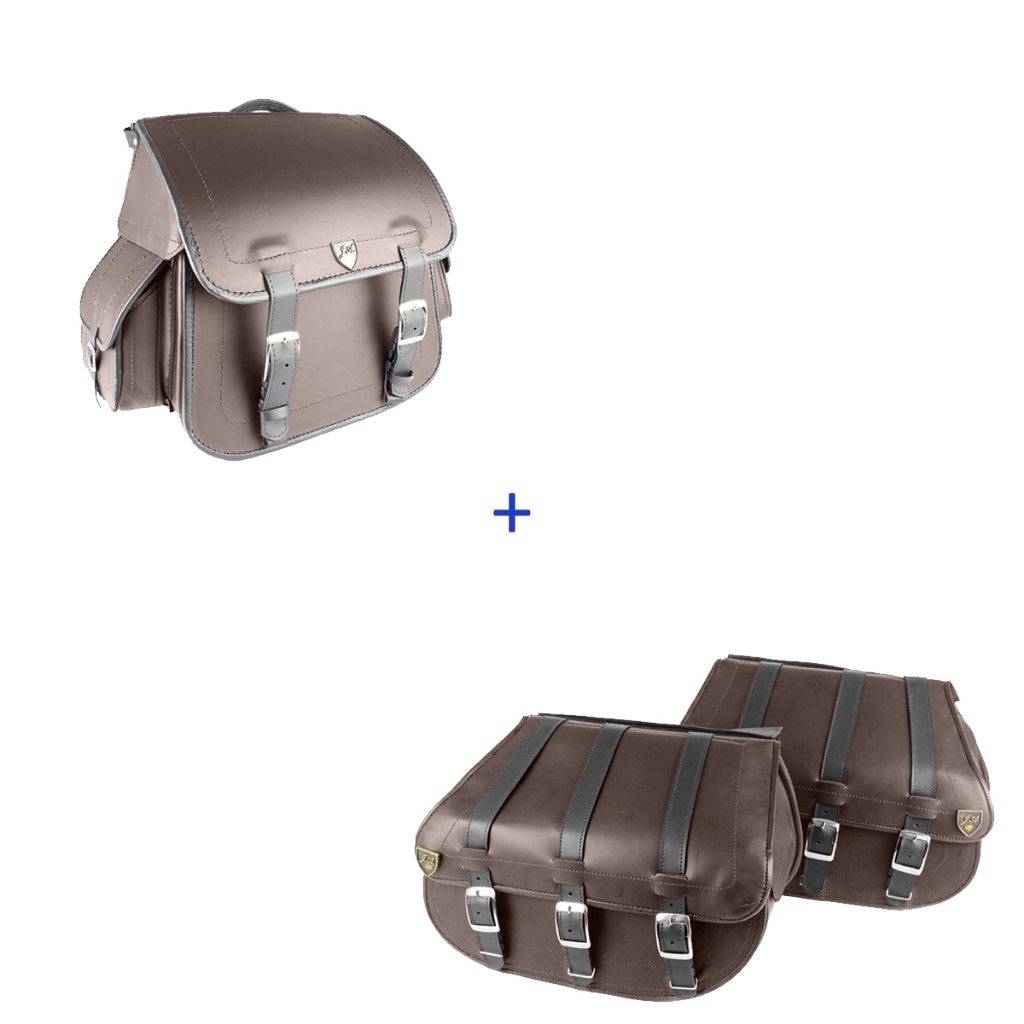 KIT DE ALFORGE 25 LITROS MARRON COM LISA COM BOLSA TRASEIRA 50 LITROS COM LISA  MARRON PARA MOTOS