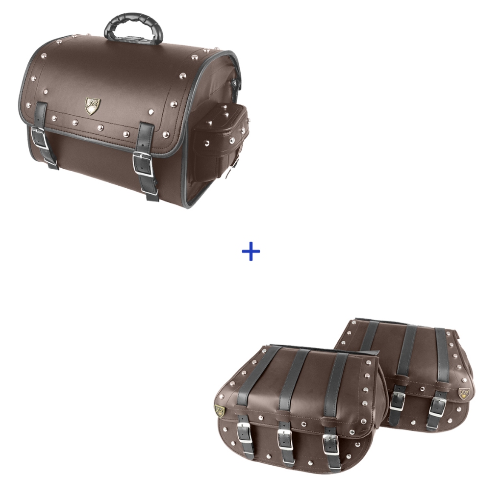 KIT DE ALFORGE 25 LITROS MARRON COM CRAVO COM BOLSA TRASEIRA 35 LITROS COM CRAVO MARRON PARA MOTOS ACIMA DE 50 CV ATE 1200 CV