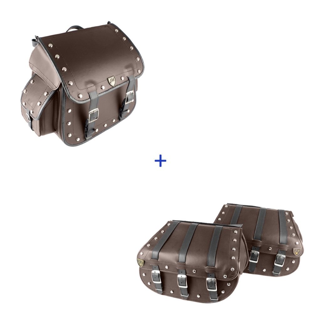 KIT DE ALFORGE 25 LITROS MARRON COM CRAVO COM BOLSA TRASEIRA 50 LITROS COM CRAVO MARRON