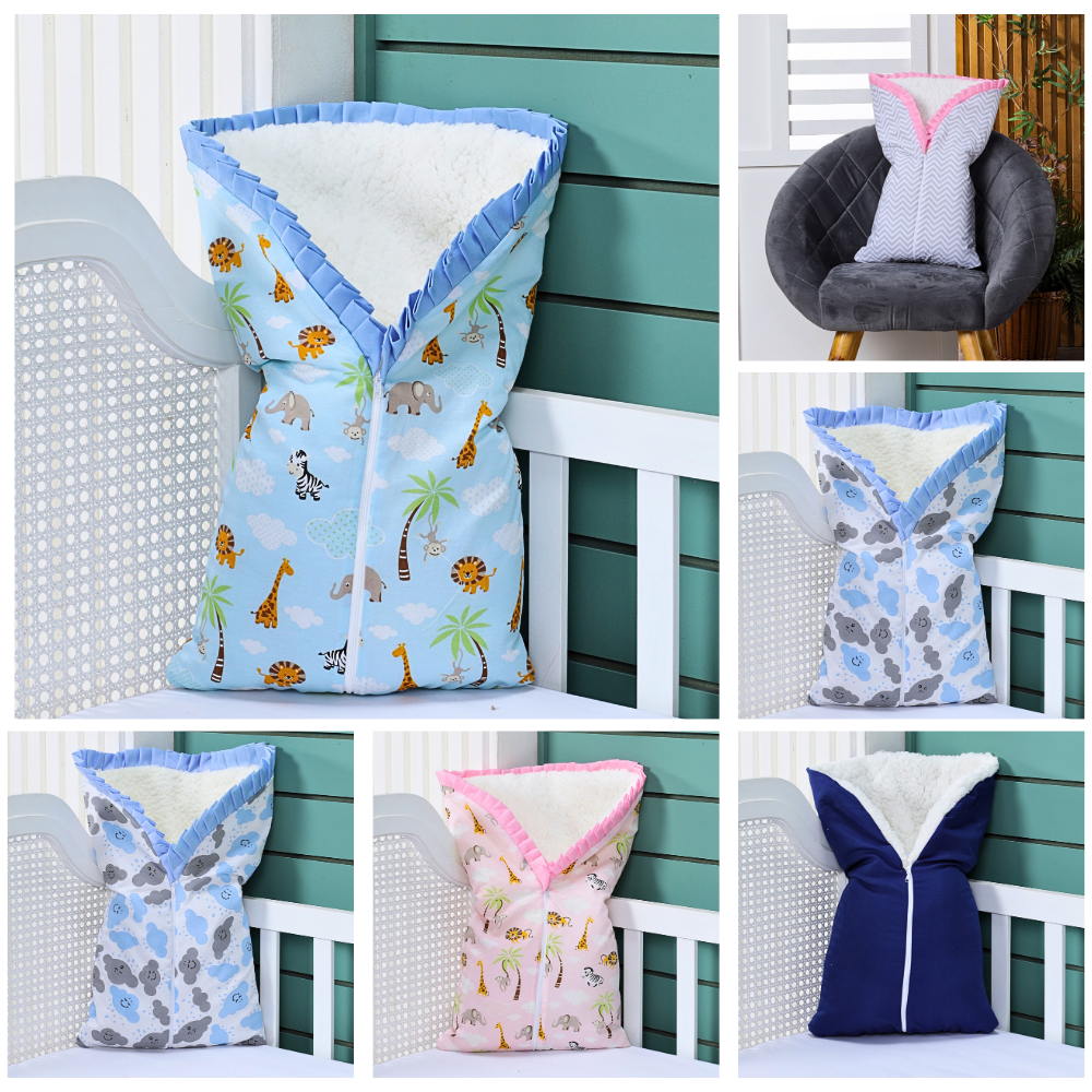Saco de Dormir para Bebê Forrado com Sherpa Elástico e Zíper com Tecido Estampado 100% Algodão