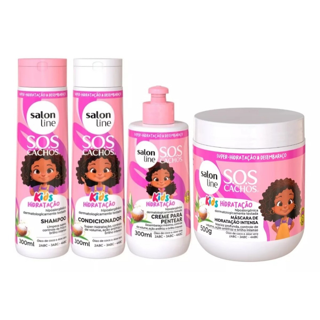 Kit Shampoo + Condicionador + Máscara + Creme de Pentear SOS Cachos Kids Hidratação Salon Line