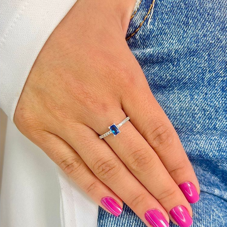 Anel Solitario Zirconia Quadrada Azul Prata 925