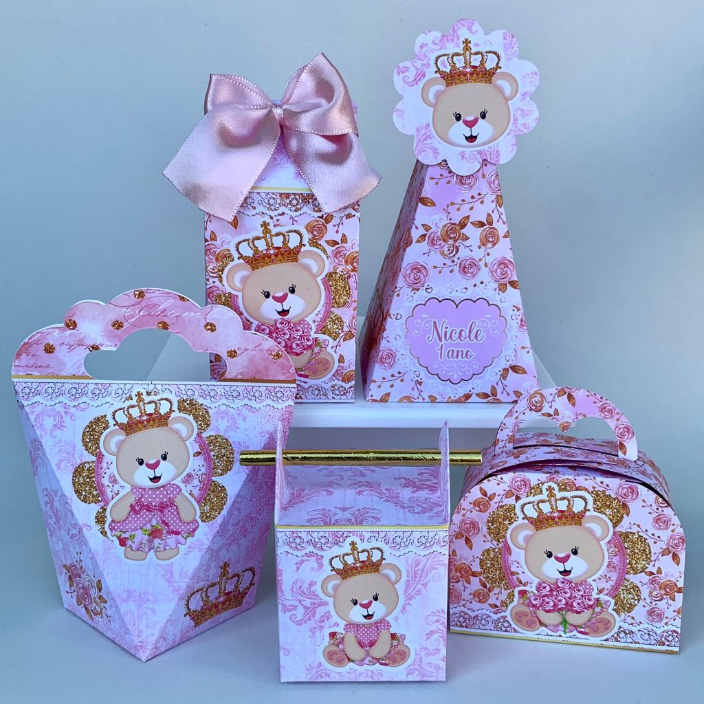 Kit Caixas Personalizadas Ursinha Princesa Rosa - PEGUE E MONTE (Envie o Nome e Idade no Chat) festa / lembrancinhas