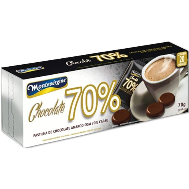 Pastilha de chocolate amargo com 70% de cacau 70g c/20 un - Montevérgine em Oferta na Shopee