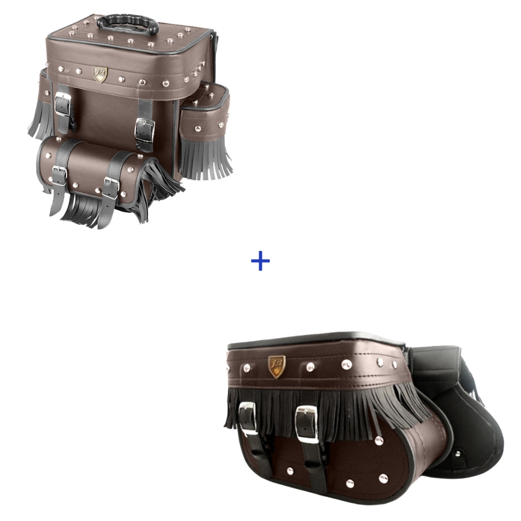 kit de alforge marron com cravo e franjas 18 litros  com bolsa traseira de 29 litros marron completa