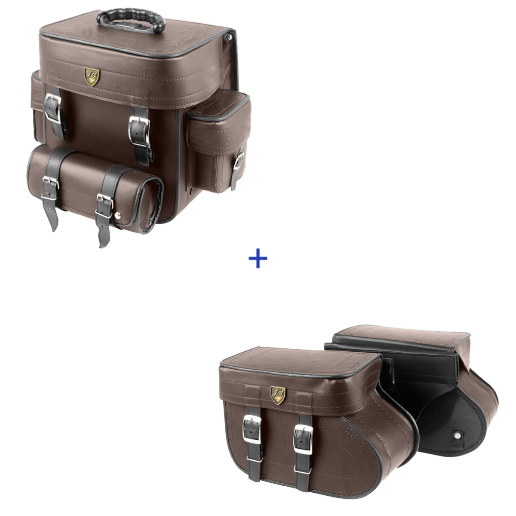 kit de alforge marron com liso 18 litros  com bolsa traseira de 29  litros marron lisa para motos cv