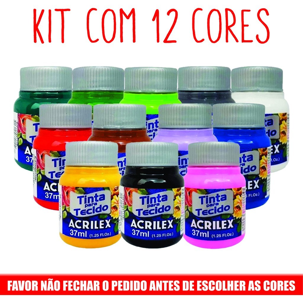 Kit Com 12 Tintas De Tecido Acrilex 37ml - Escolha As Cores Kit Com 12 Tintas De Tecido Acrilex 37ml - Escolha As Cores