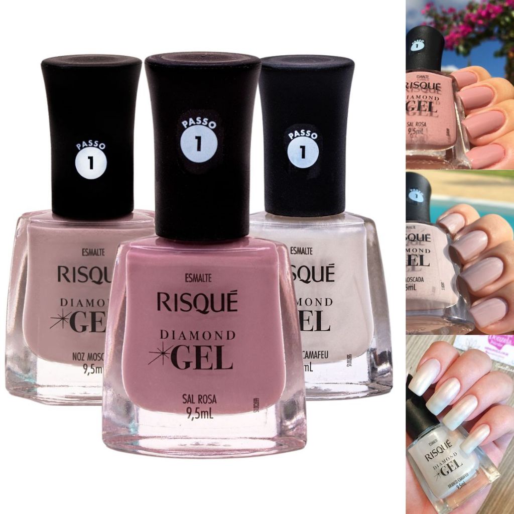 Kit 3 Esmaltes Risque Diamond Gel Hipoalergênico - Elegância em Tons Claros