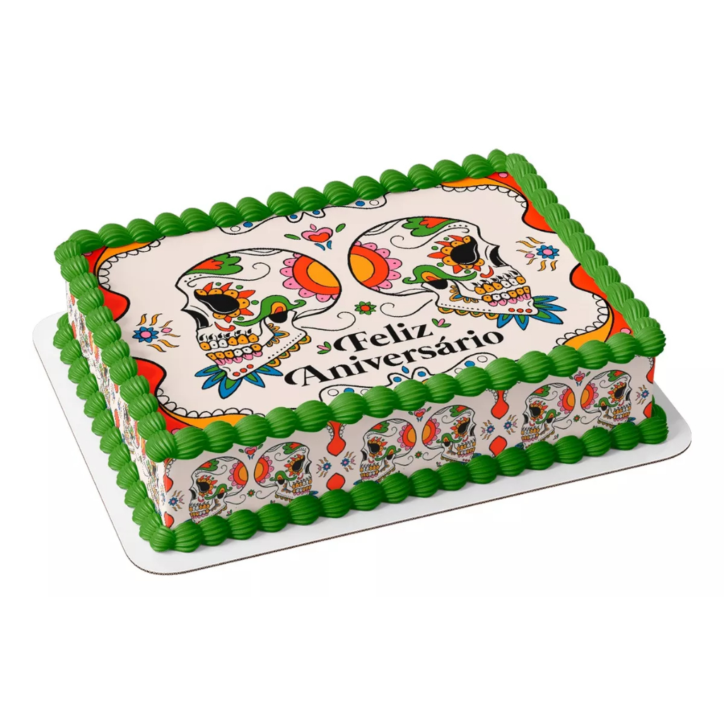 Papel arroz e faixa comestível para bolo retangular festa aniversário comemoração festinha surpresa caveira mexicana