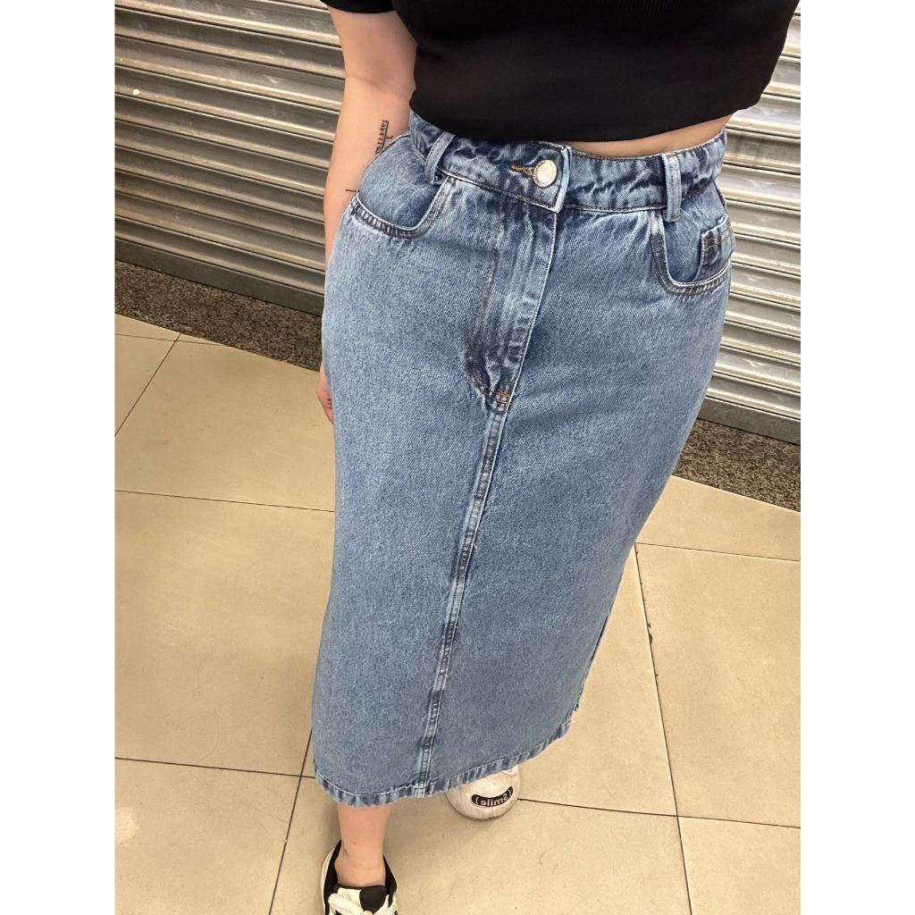Saia Midi Jeans de Fenda lateral Feminina Evangélica Cintura Alta Design em Oferta na Shopee