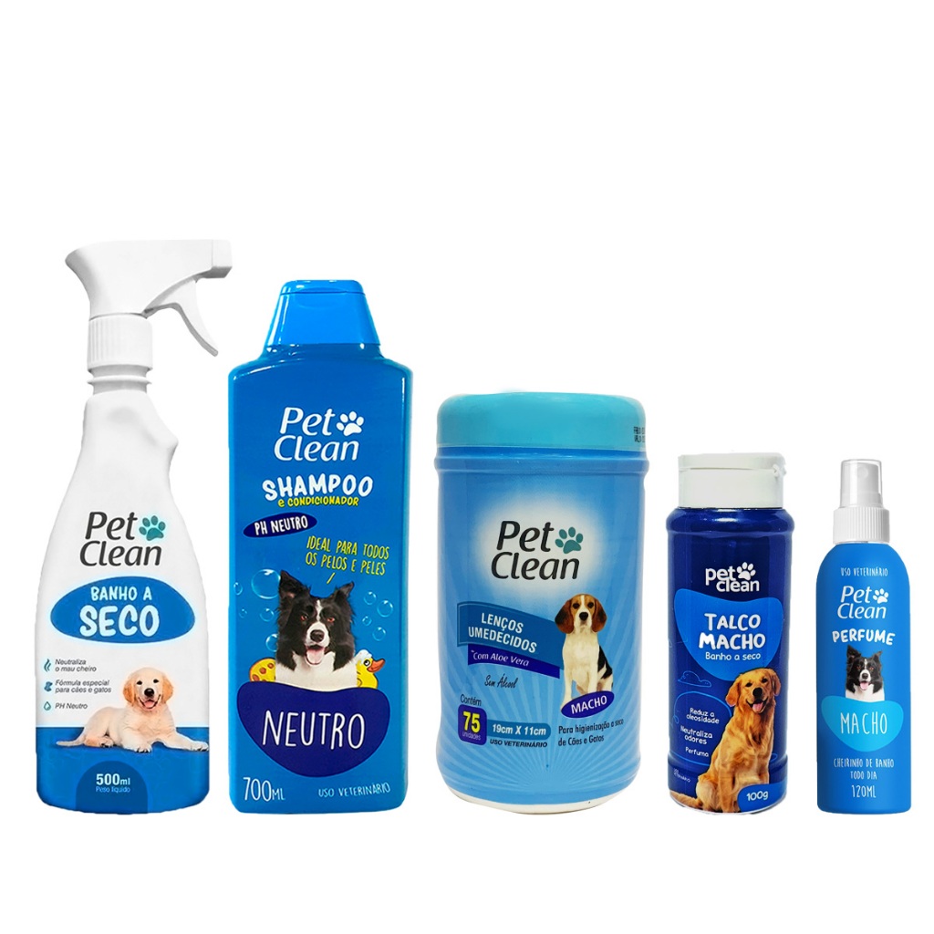 Kit Banho Pet Clean Cachorro e Gato Shampoo Lenço Perfume Talco Banho a Seco Macho, Fêmea e Filhote