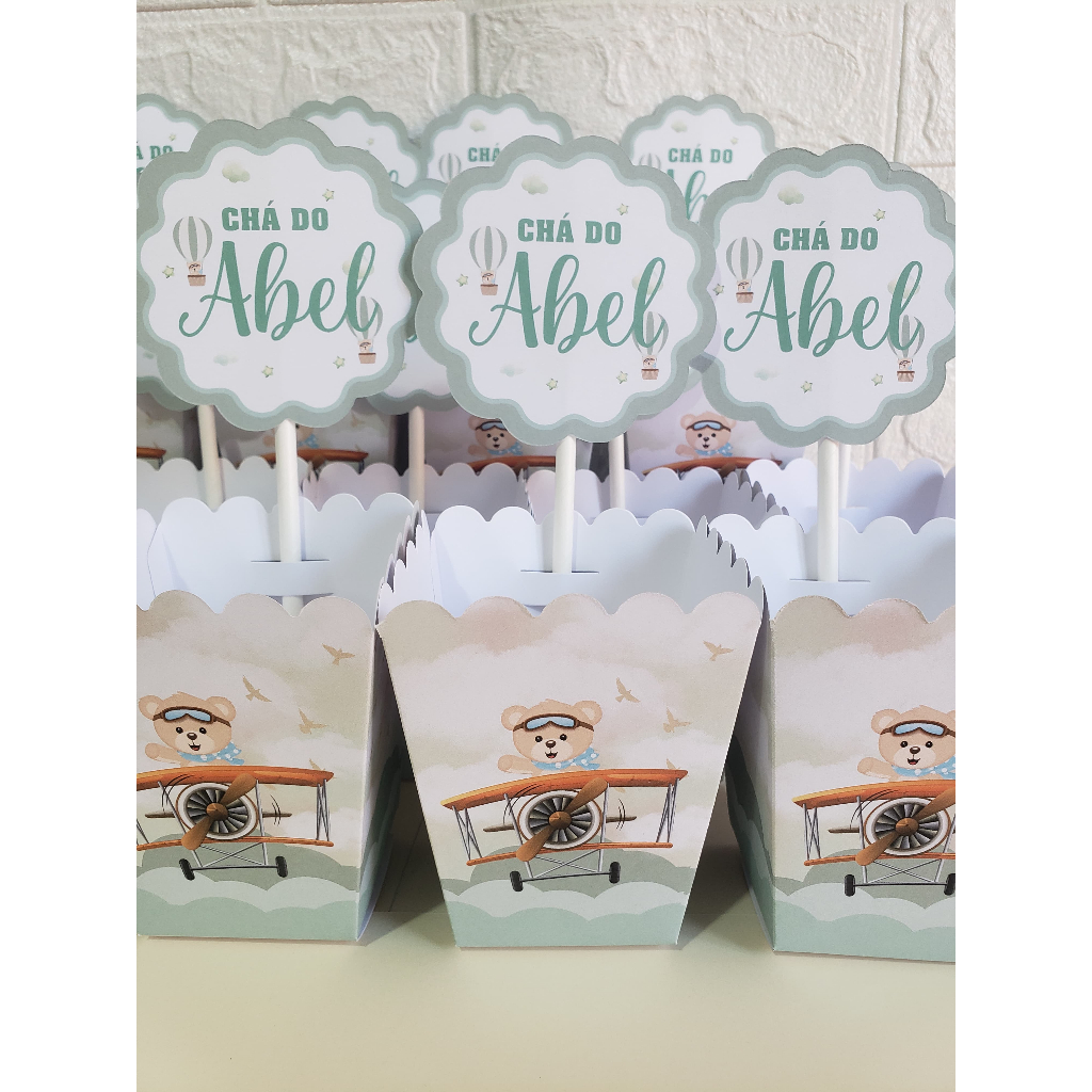 Kit Centro de mesa personalizado para festas, enfeite de mesa, Chá de bebê e aniversário infantil, Chá fraldas ou revelação - Tema: Ursinho aviador ou ursinho no avião - VERDE