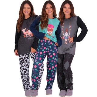 KIT 3 Pijamas Layla Manga Longa Outono Inverno Peluciado em Oferta na Shopee