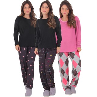 KIT 3 Pijamas Sonho Manga Longa Felpado Inverno em Oferta na Shopee