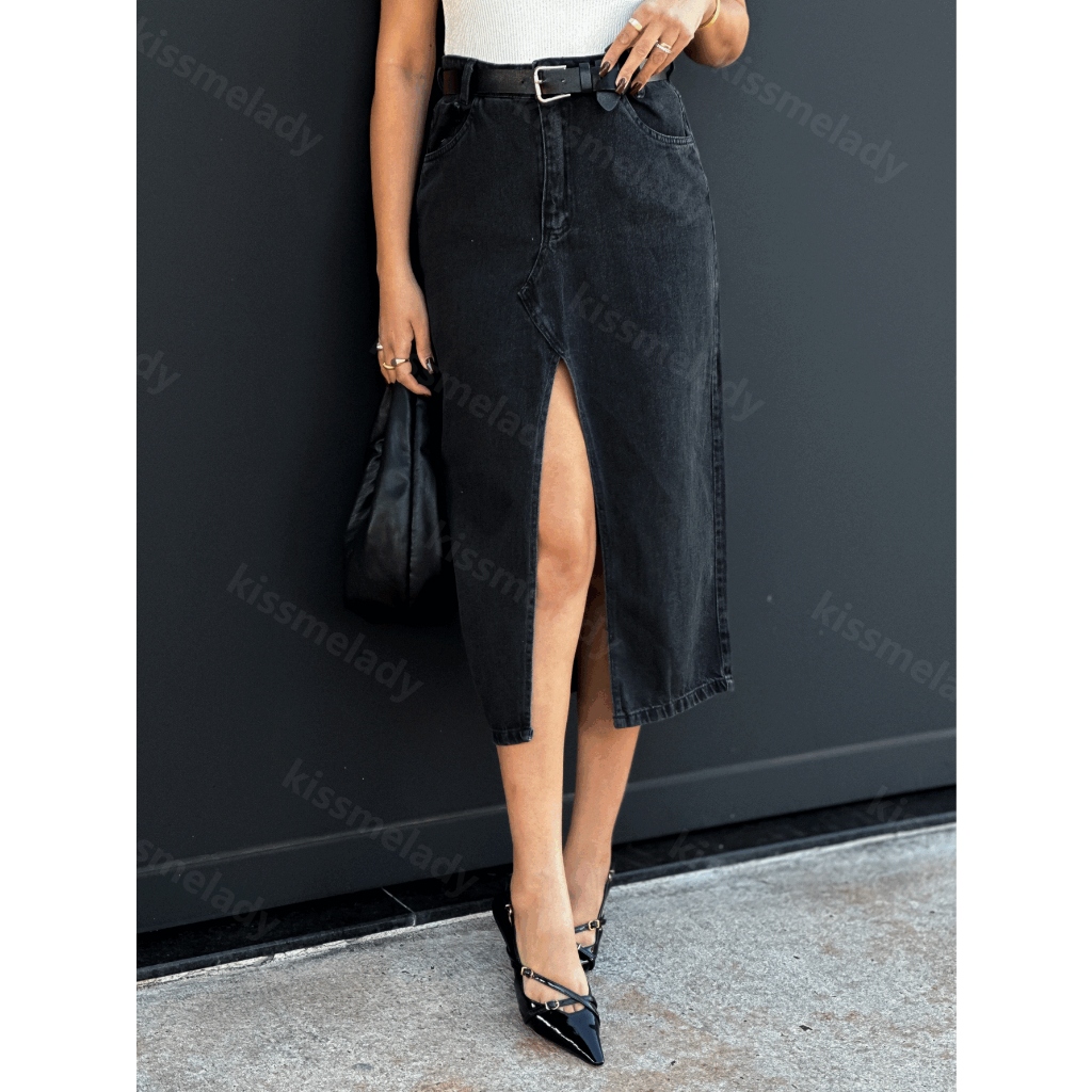 8181 Saia Jeans Feminina Cintura Alta saia midi sem rascada marmore escuro 8181