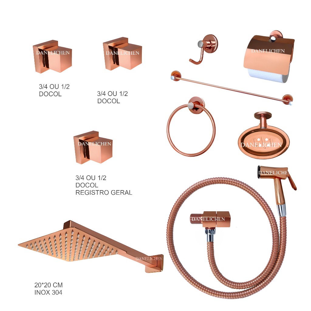 Acessórios P/ Banheiro Metal Cor Rose Gold Chuveiro Rose Gold INOX Saboneteira Prateleira