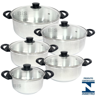 Jogo de Panelas 5 Peças Com Tampa de Vidro Kit Caçarola 16/24 Em Aluminio Polido em Oferta na Shopee
