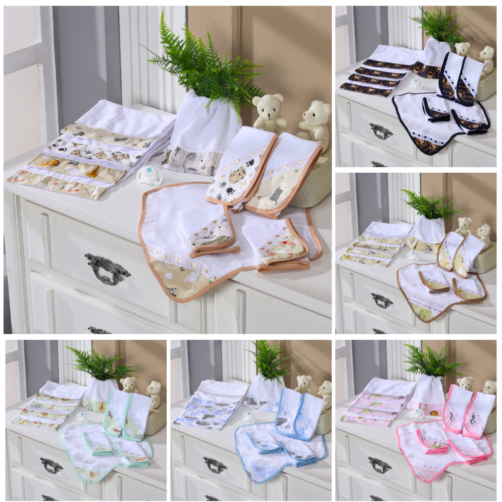 Kit 5 Fraldinhas de Boca Bebê + 5 Toalhinhas de Ombro Bebe 100% Algodão Menino e Menina