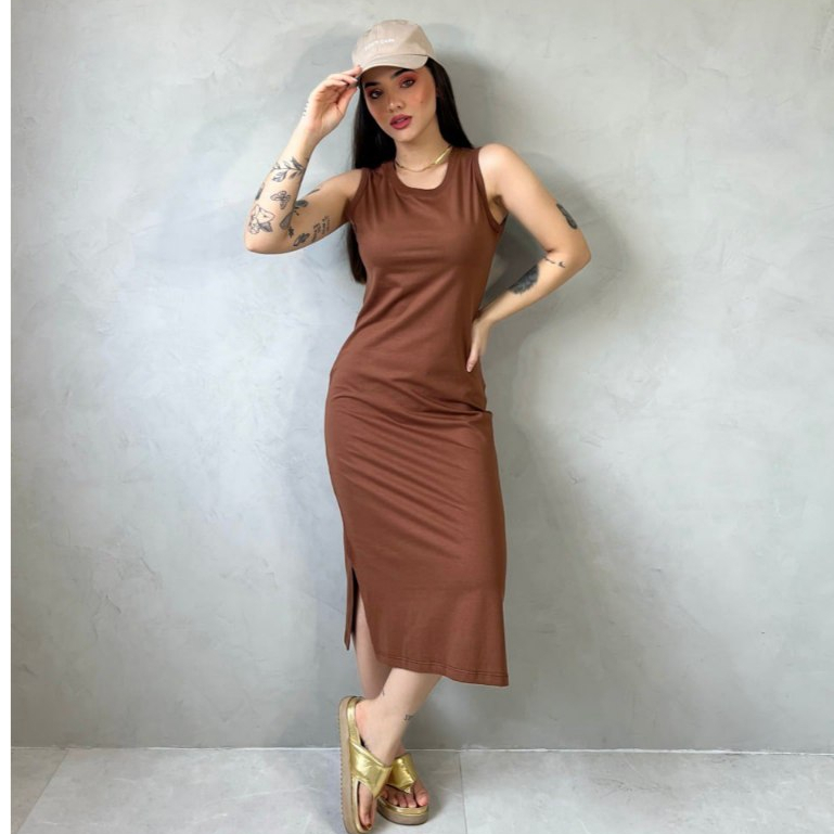 Vestido Com Cava Sem Manga Basico Midi do P ao GG Versátil Confortavel Algodão Justo Comportado Estiloso Capri Tendencia