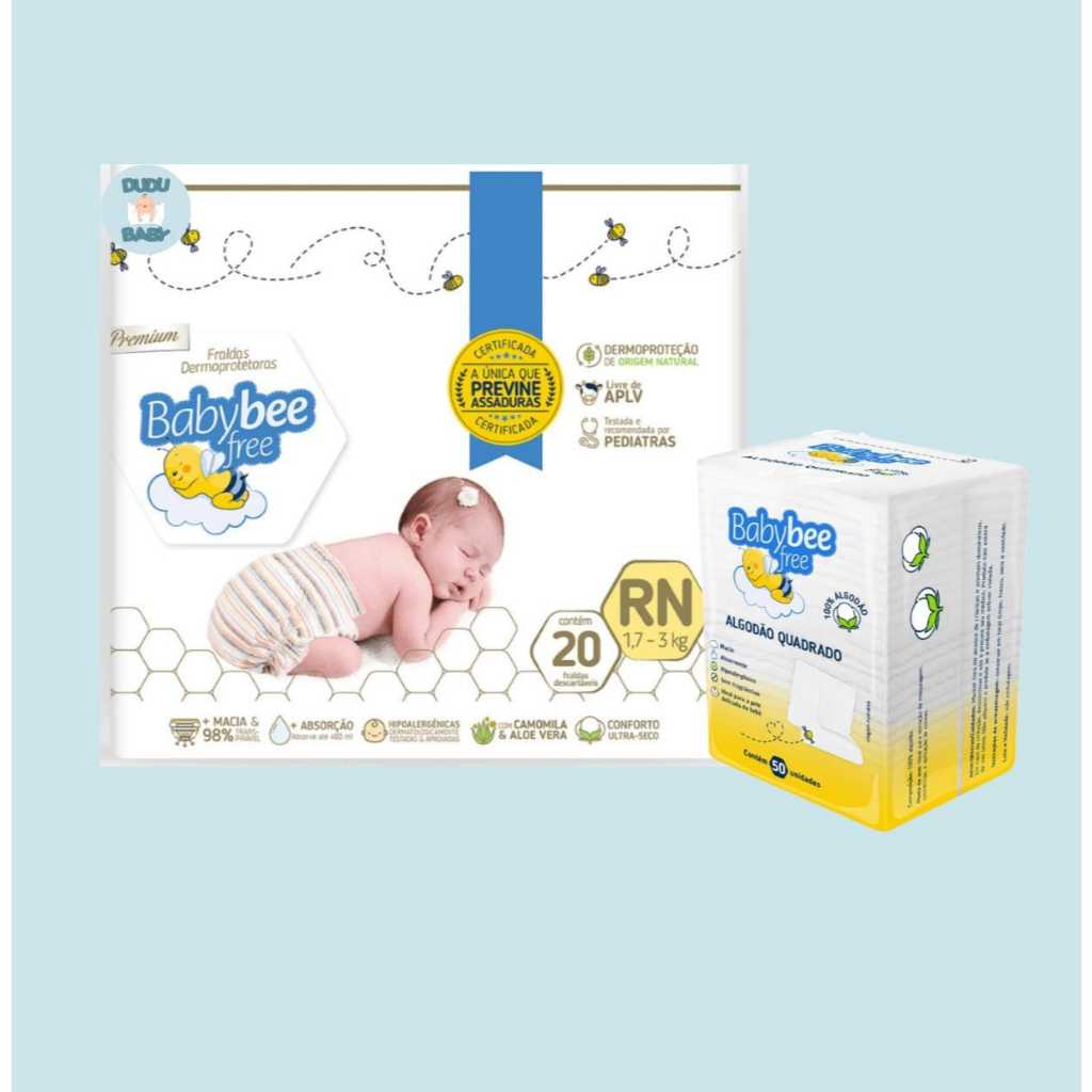 kit baby bee free Rn com 20 fraldas no pacote  e algodão quadrado com 50 unidades  no  pacote babybee