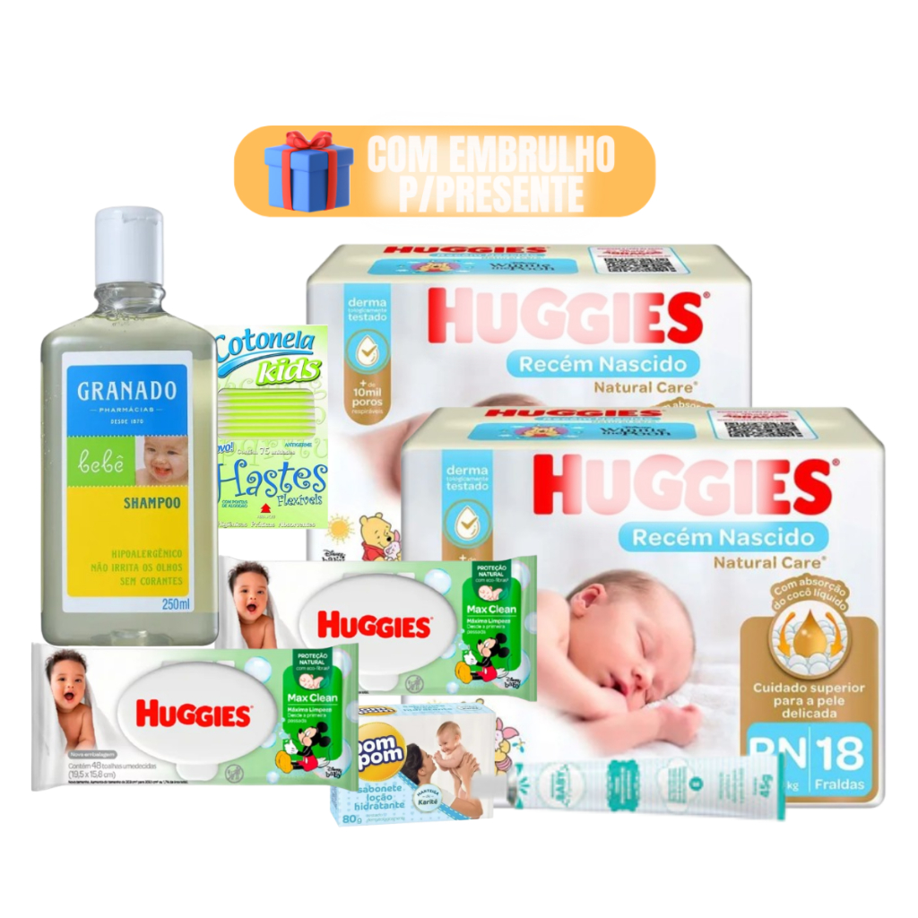 Kit Chá De Bebê Online com Fraldas Huggies Shampoo Lenços Umedecedos