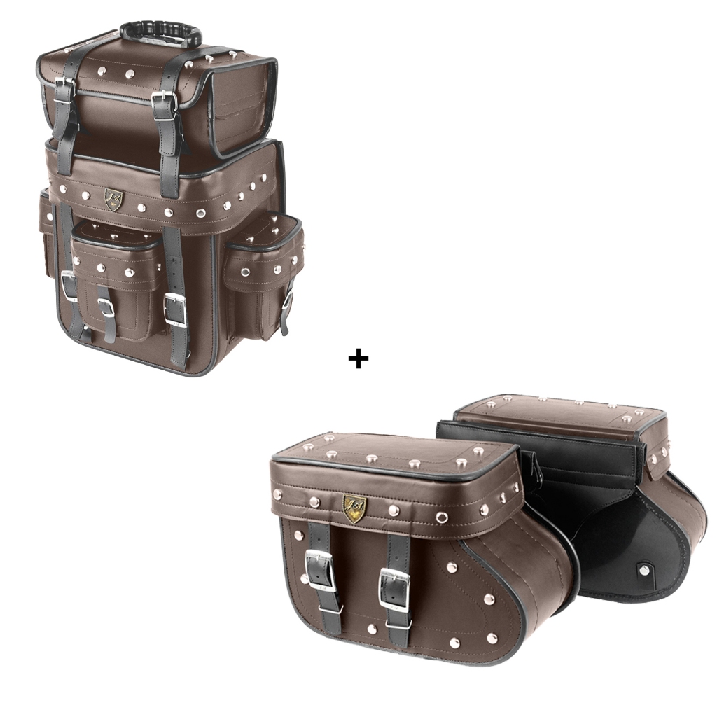 kit de alforge marron com cravo 18 litros  com bolsa traseira de 32  litros marron cravo  para motos