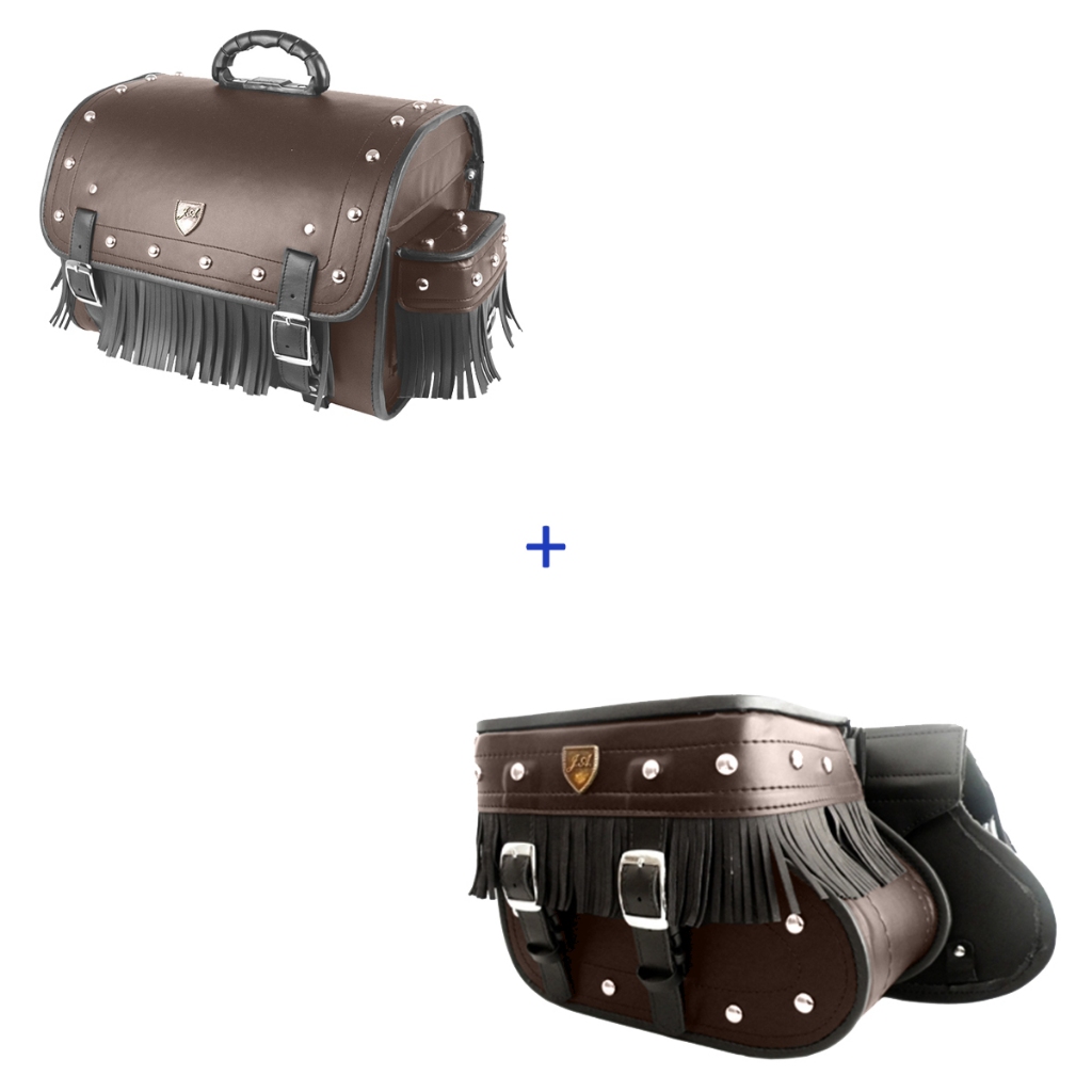 kit de alforge marron com cravo e franjas 18 litros  com bolsa traseira de 35  litros cravo e franja