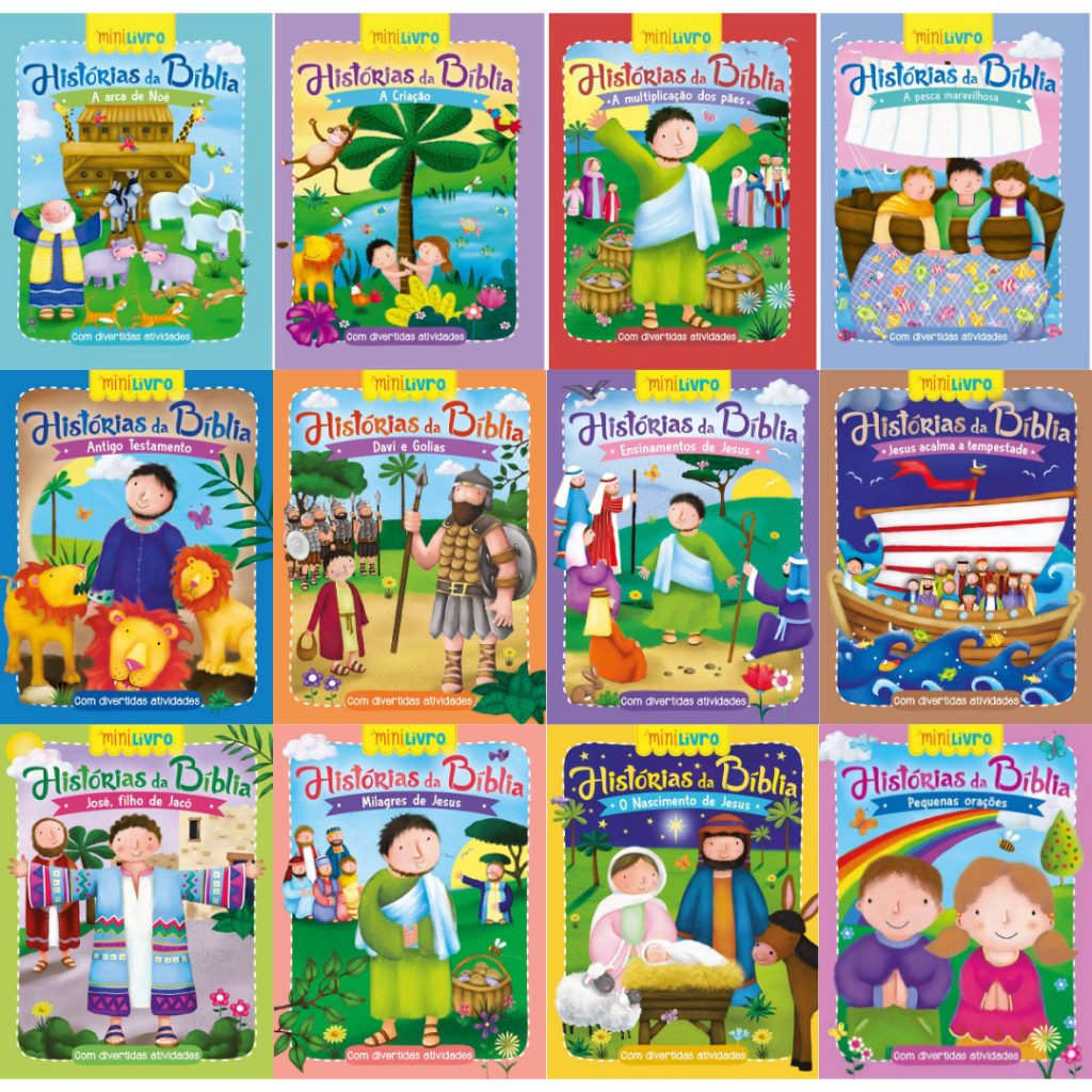 12 Mini Livro Infantil Histórias Da Bíblia Ensinamento Religioso Com Divertidas Atividades em Oferta na Shopee