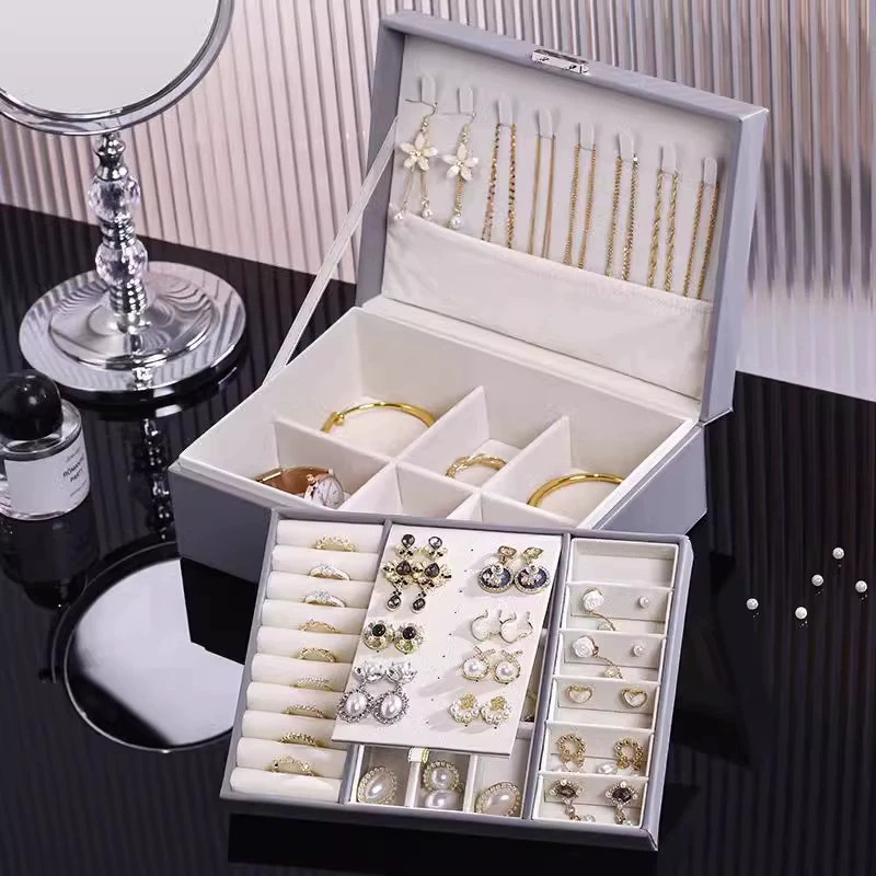 Porta joias couro armazenamento 2 camadas de alta qualidade Q11 em Oferta na Shopee