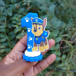 Vela biscuit decorada Patrulha Dog Personalizada Topo de bolo base azul e branco Chase. em Oferta na Shopee
