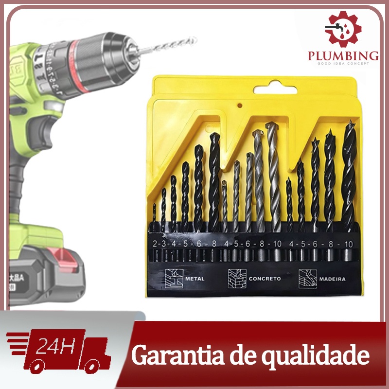 Kit Jogo De Brocas Estojo 16 Peças Madeira Metal Concreto