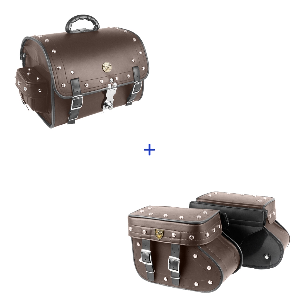 kit de alforge 18 litros marron cravo com bolsa traseira 35 litros com marron com cravo para motos c
