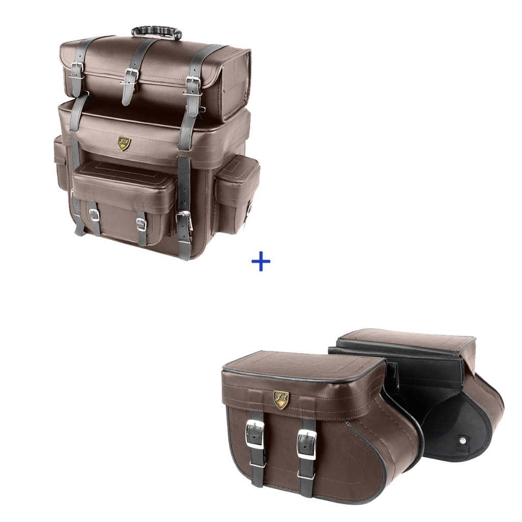 Kit de alforge 18 litros marron liso com bolsa 60 litros traseira marron lisa para motos acima 50 cv