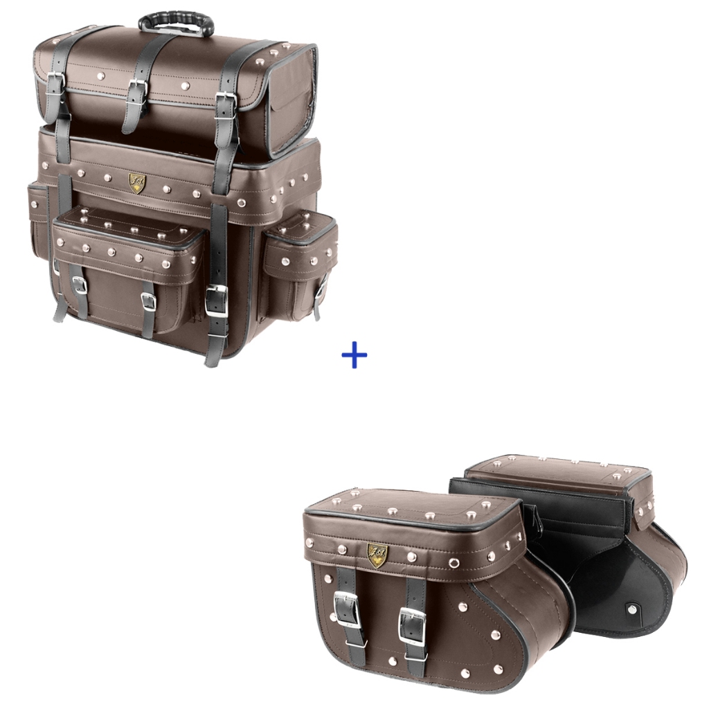 kit de alforge 18 litros marron cravo com bolsa traseira 60  litros com marron com cravo para motos c