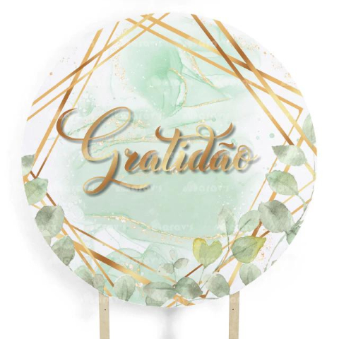 Painel Festa Infantil Redondo Gratidão, folhas e fundo verde, aquarela detalhes em dourado + Arco, Suporte incluso. Fazemos personalizado com qualquer tema. Confeccionado em Lona fosca, impressão de alta resolução. cenário Circular p/ Decoração