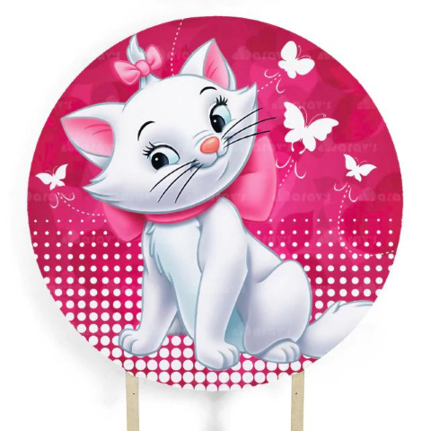 Painel Festa Infantil Redondo Gatinha Marie, fundo Pink Borboletas + Arco, Suporte incluso. Fazemos personalizado com qualquer tema. Confeccionado em Lona fosca, impressão de alta resolução. cenário Circular p/ Decoração