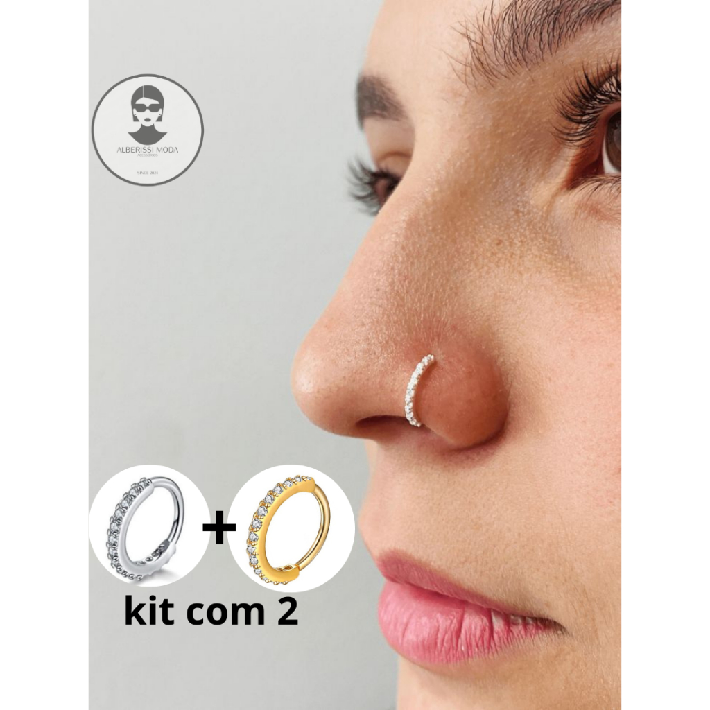 Kit 2 Piercing Argola Nariz Cravejado Strass 6mm ou 8mm em Oferta na Shopee