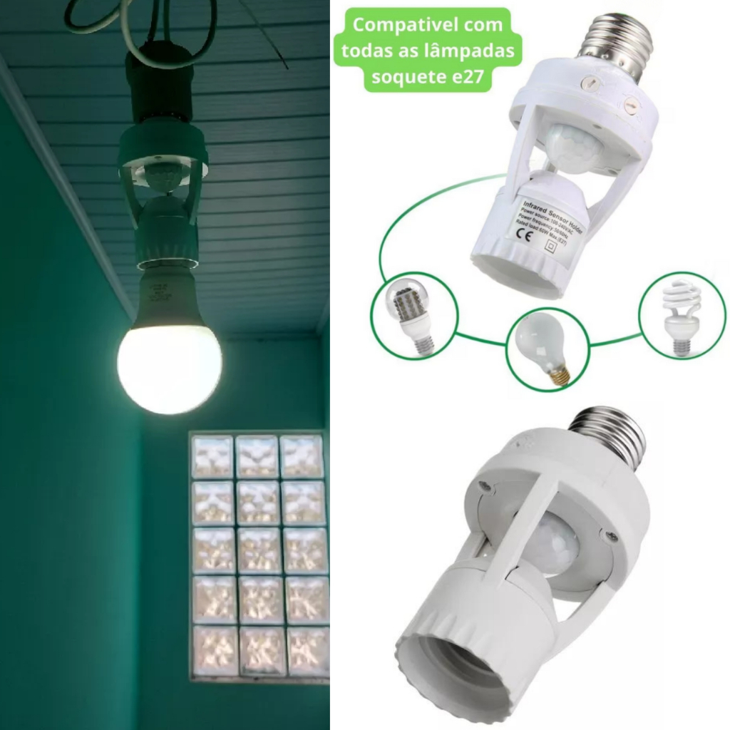 Bocal Soquete Sensor De movimento Presença Fotocélula Para Lâmpada E27 bivolt c/ regulador de tempo