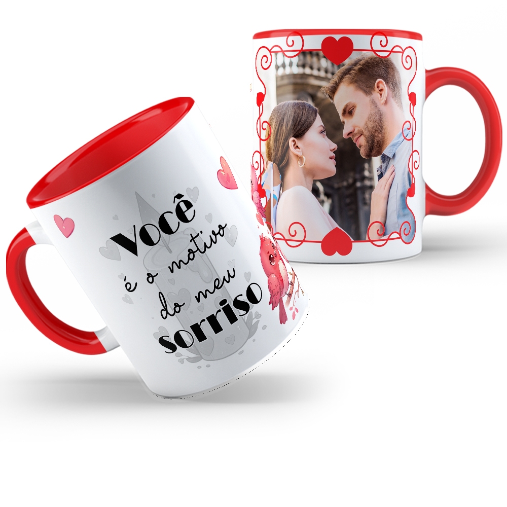 Caneca Namorados Motivo Do Meu Sorriso Opção Para Foto - Interior e Alça Vermelho + Caixinha