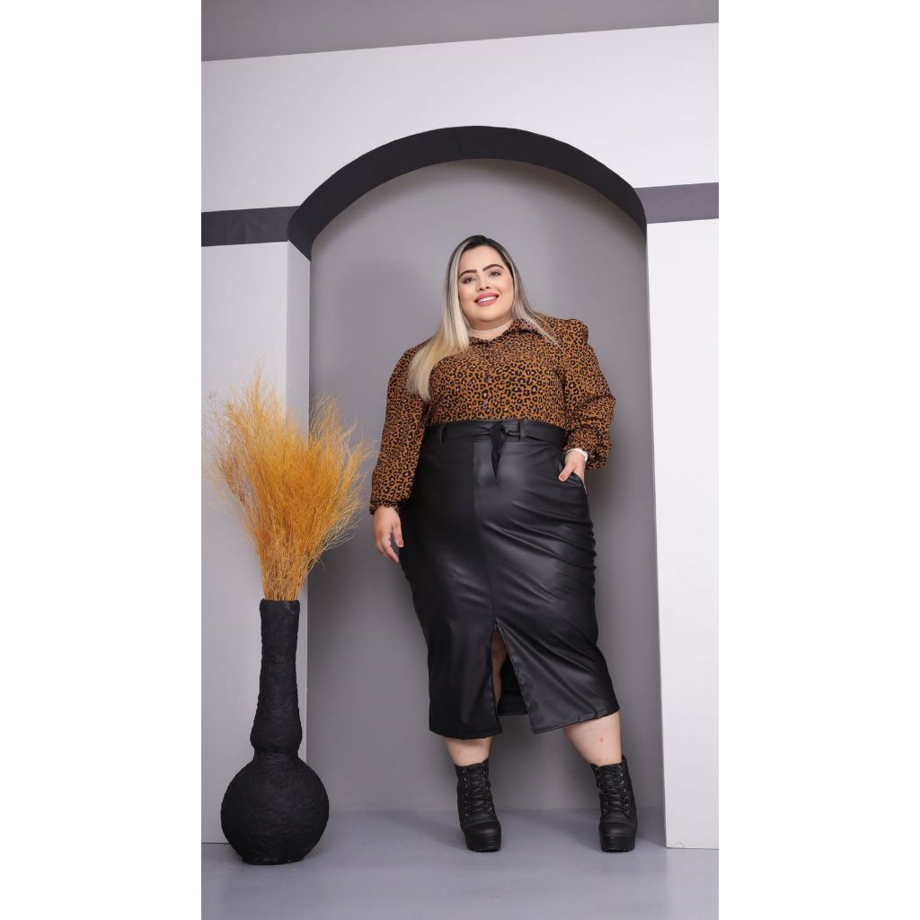 Saia Midi Couro Ecologico Fake Com Muito Elastano Plus Size Grande Sofistificada Feminina