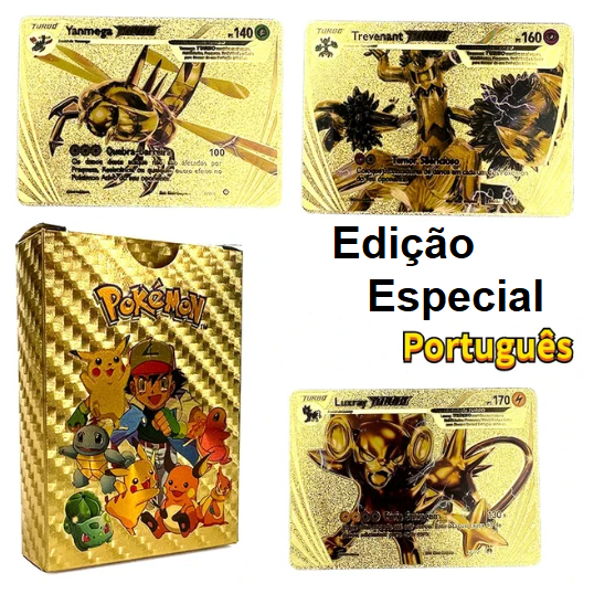 Novidade - Cartas Pokemon Douradas em Português Gold TCG Trading Card Game Pikachu Vmax Charizard Rayquaza Arceus Snorlax Gengar Pokebola Brilhante Brasil