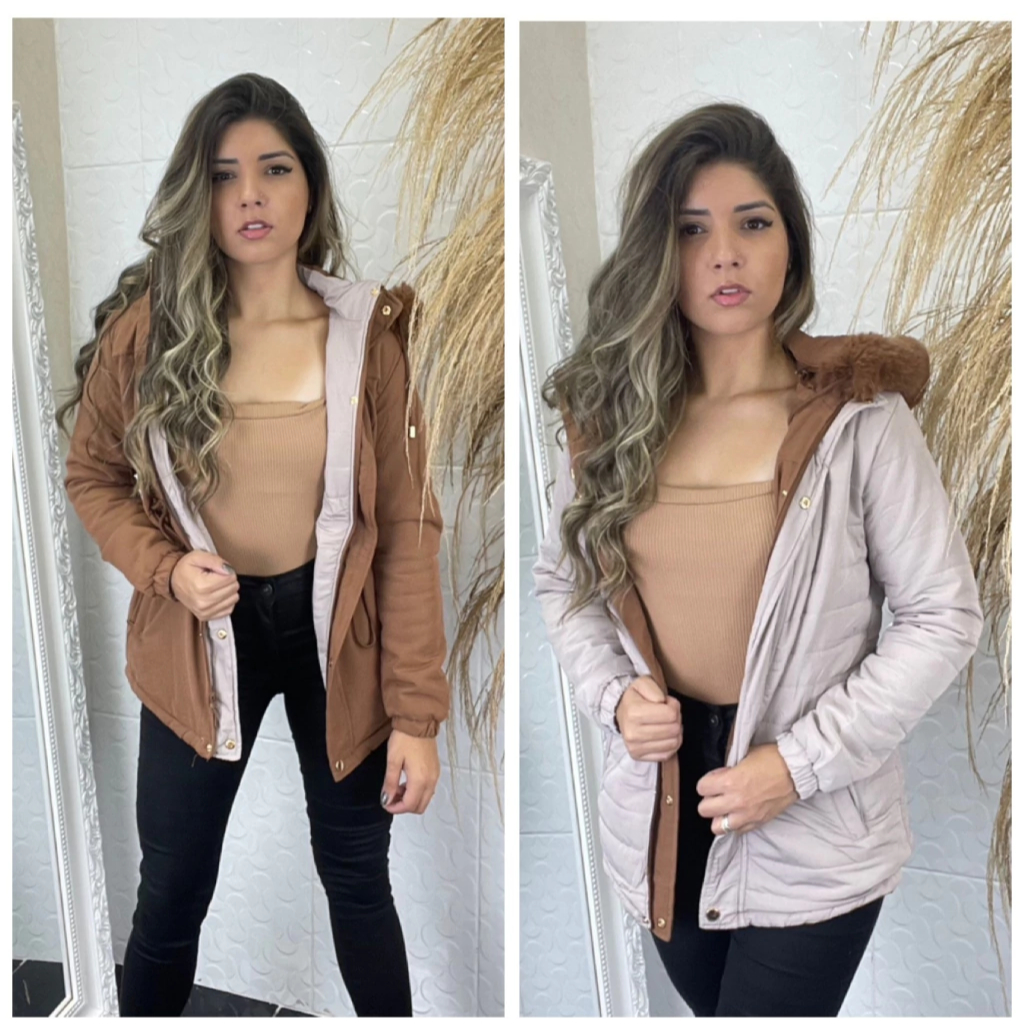parka feminina dupla face sarja e nylon impermeável com capuz removível tendência
