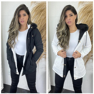 parka feminina dupla face sarja e nylon impermeável com capuz removível tendência em Oferta na Shopee