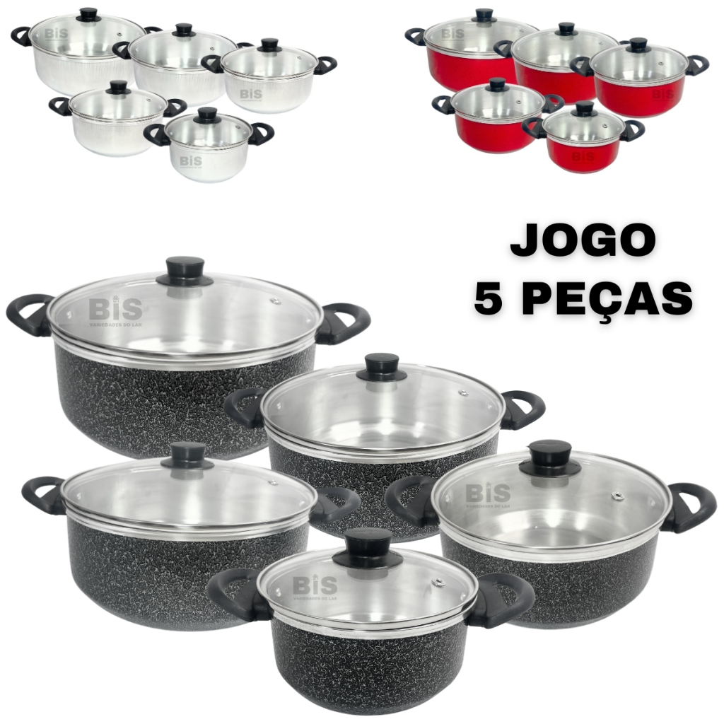 Jogo de Panelas Kit 5 Peças Com Tampa de Vidro Kit Caçarola 16/24 na Cor Preta Polida ou Vermelha