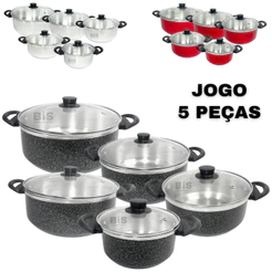 Jogo de Panelas Kit 5 Peças Com Tampa de Vidro Kit Caçarola 16/24 na Cor Preta Polida ou Vermelha