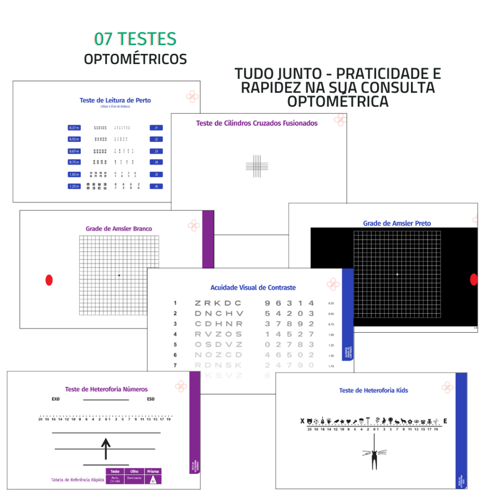 Conjunto Para Teste Avaliação Optometrica, Teste de Visão para Perto, Teste de Cilindrico Cruzado, Teste de Amsler com Fundo branco, Teste de Amsler com Fundo preto, Teste de Contraste, Teste de Foria Horizontal Adulto e Criança