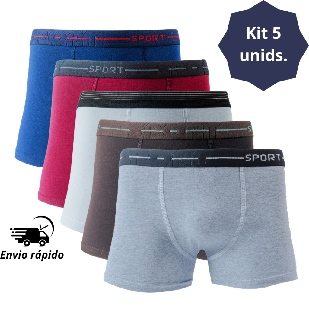 Kit 5 Cueca Box Masculina Boxer Adulto em algodão com elastano diversas cores