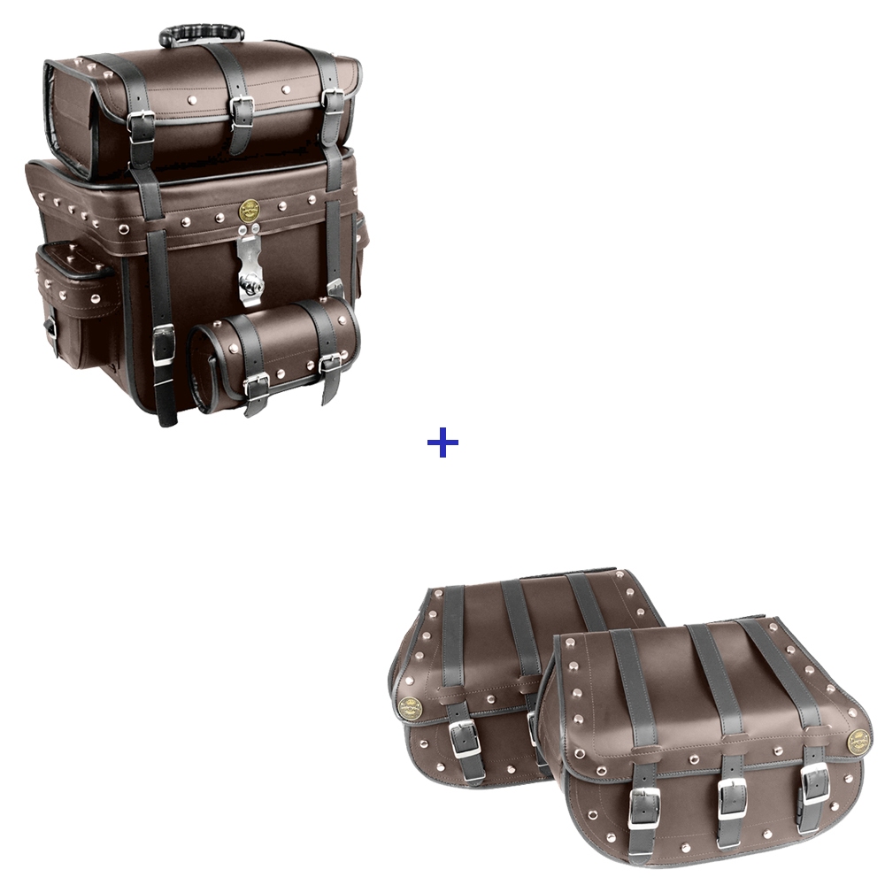 kit de alforge 25 litros marron com cravos e bolsa traseiro 62 litros marron com cravos com chaves s