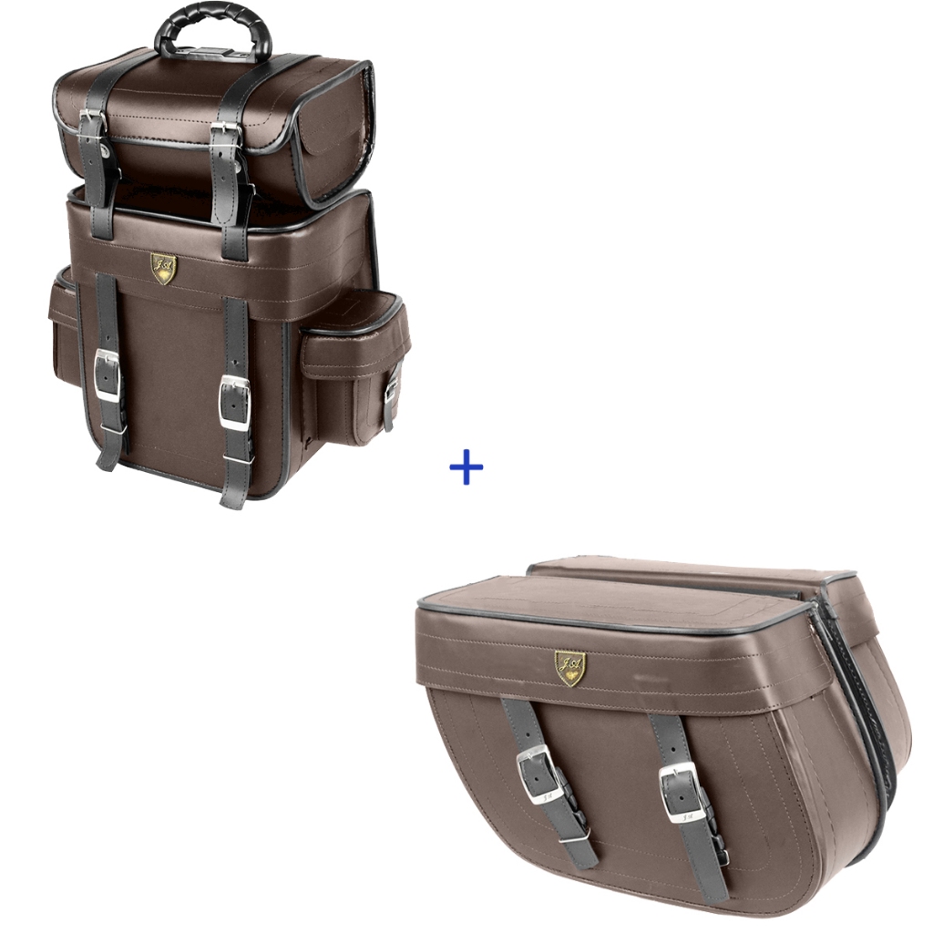 kit de alforge 32 litros marron com liso  e bolsa traseiro 25 litros marron liso  para motos acima v