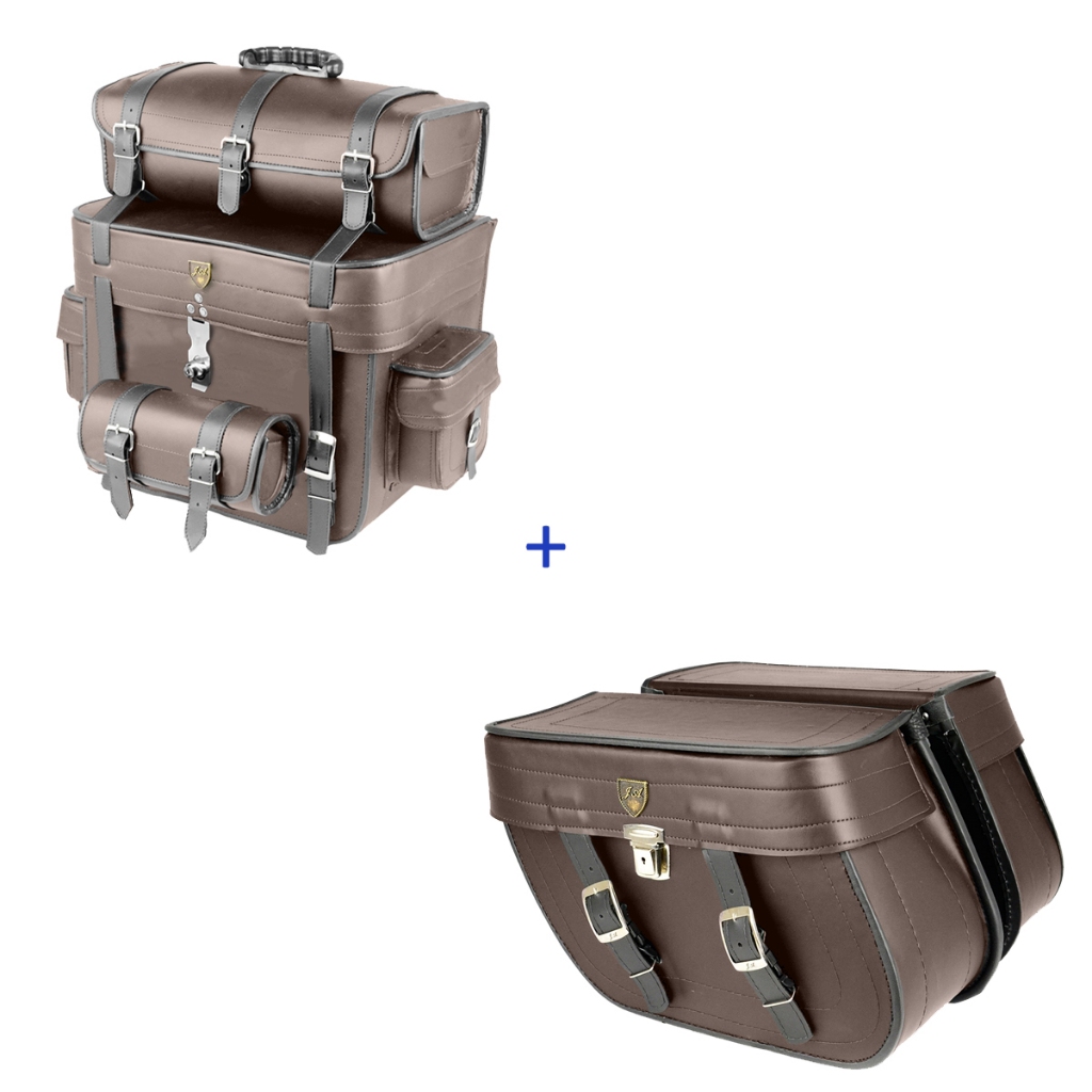 kit de alforge 32 litros marron com liso  e bolsa traseiro 62 litros marron com liso  com chaves sss